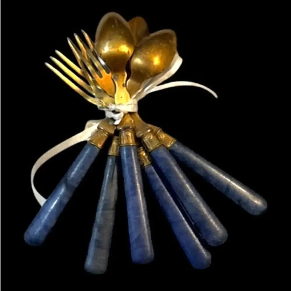 Vintage French Dessert Flatware Set Blue Marbled Handles Set of 6